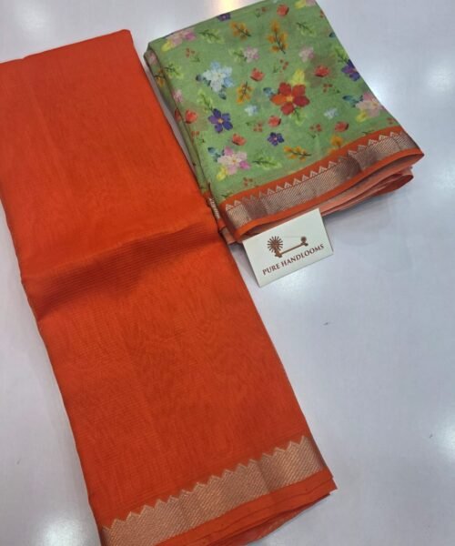Handloom Mangalagiri Pattu by Cotton Saree with Digital Print contrast Blouse