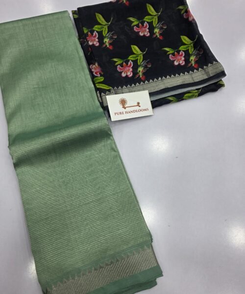 Handloom Mangalagiri Pattu by Cotton Saree with Digital Print Contrast Blouse