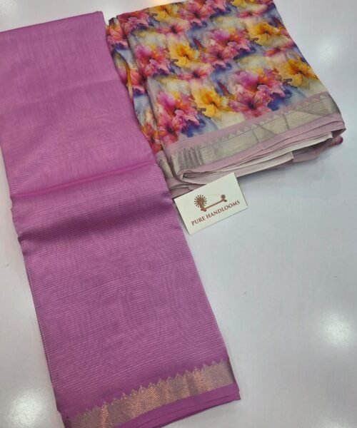 Handloom Mangalagiri Pattu by Cotton Saree with Digital Print contrast Blouse