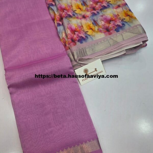 Handloom Mangalagiri Pattu by Cotton Saree with Digital Print contrast Blouse