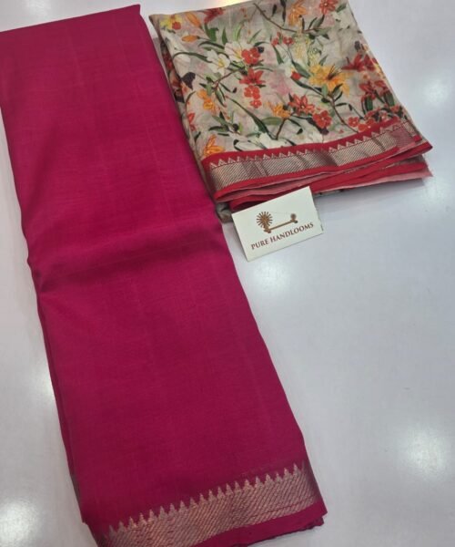 Handloom Mangalagiri Pattu by Cotton Saree with Digital Print contrast Blouse