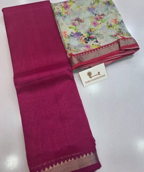 Handloom Mangalagiri Pattu by Cotton Saree with Digital Print contrast Blouse