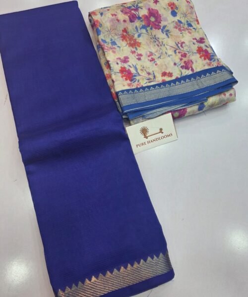 Handloom Mangalagiri Pattu by Cotton Saree with Digital Print contrast Blouse