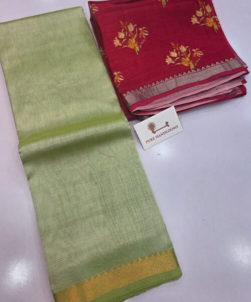 Handloom Mangalagiri Pattu by Cotton Saree with Digital Print contrast Blouse