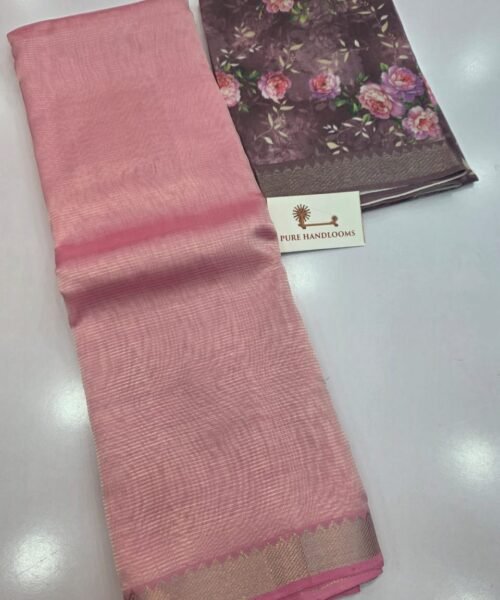 Handloom Mangalagiri Pattu by Cotton Saree with Digital Print contrast Blouse