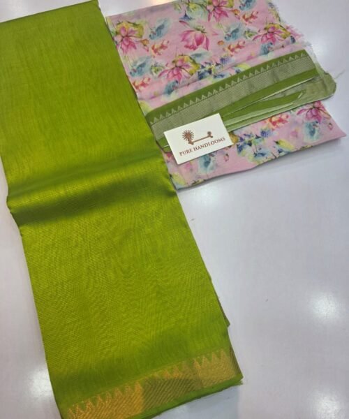 Handloom Mangalagiri Pattu by Cotton Saree with Digital Print contrast Blouse