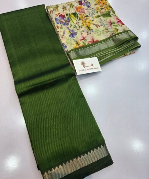 Handloom Mangalagiri Pattu by Cotton Saree with Digital Print contrast Blouse