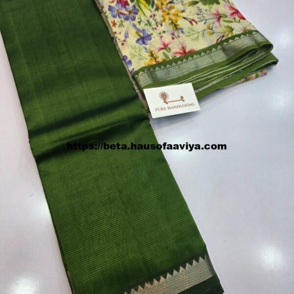 Handloom Mangalagiri Pattu by Cotton Saree with Digital Print contrast Blouse
