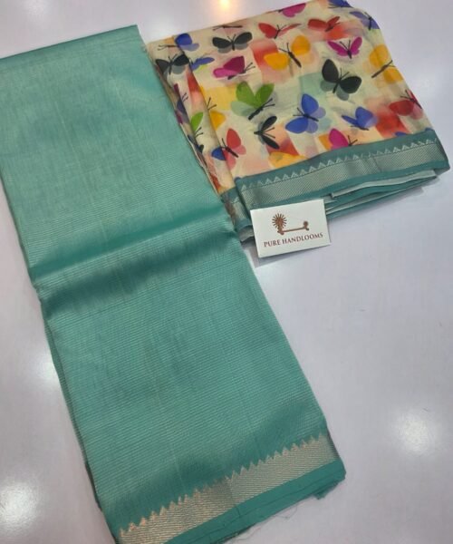 Handloom Mangalagiri Pattu by Cotton Saree with Digital Print contrast Blouse