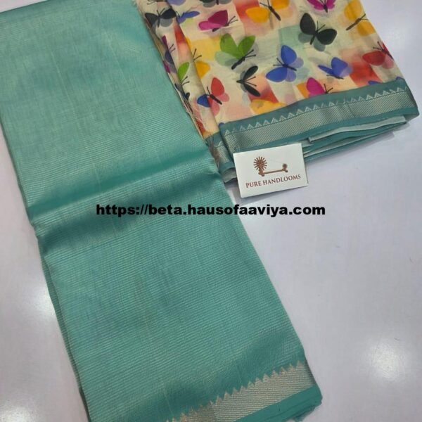 Handloom Mangalagiri Pattu by Cotton Saree with Digital Print contrast Blouse