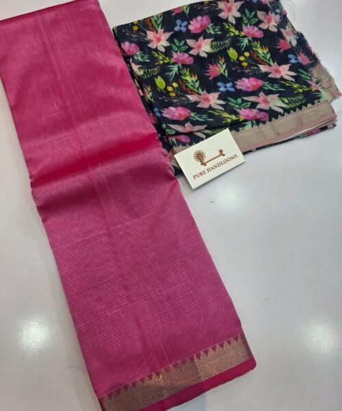 Handloom Mangalagiri Pattu by Cotton Saree with Digital Print contrast Blouse