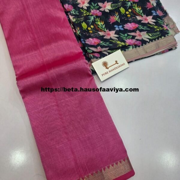 Handloom Mangalagiri Pattu by Cotton Saree with Digital Print contrast Blouse