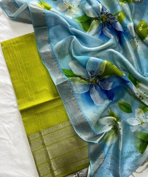 Mangalagiri Handloom Pattu Cotton Dress Set with Digital Print Dupatta