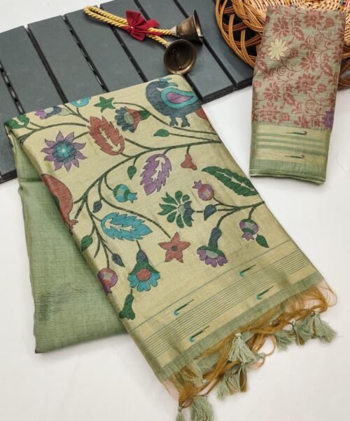 Muga Cotton Saree with Muniya Border & Thread Woven Design