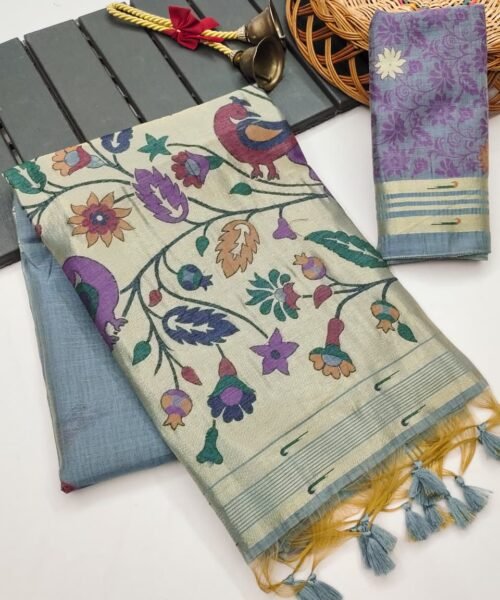 Muga Cotton Saree with Muniya Border & Thread Woven Design