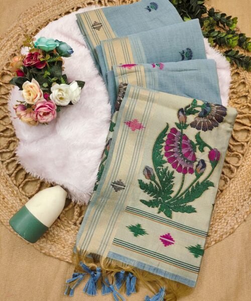 Munga Cotton Saree with Zari Border & Thread Woven Design